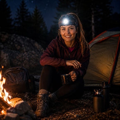 Lampe frontale HorizonX accompagne bivouac chaleureux sous étoiles sereinement toujours
