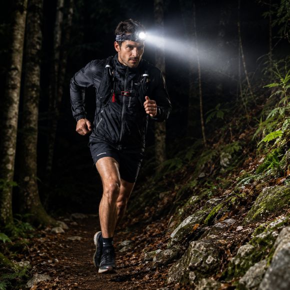 Lampe frontale puissante HorizonX pour trail nocturne en forêt