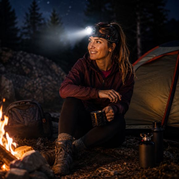 Lampe frontale puissante femme assise près du feu de camp