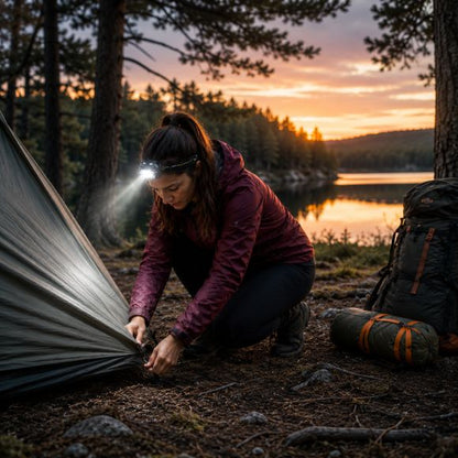 Lampe frontale rechargeable Noctis femme installant un bivouac près d'un lac