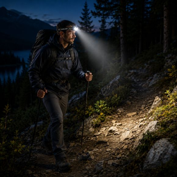 Lampe frontale rechargeable Noctis éclairant un sentier de randonnée nocturne