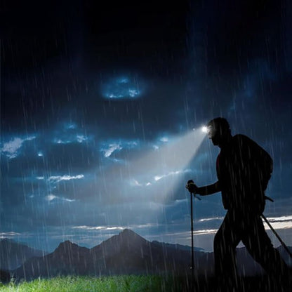 Lampe frontale rechargeable Noctis sous la pluie en randonnée nocturne