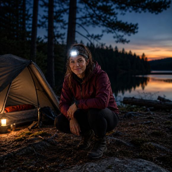 Lampe frontale rechargeable Noctis femme souriante devant son bivouac.