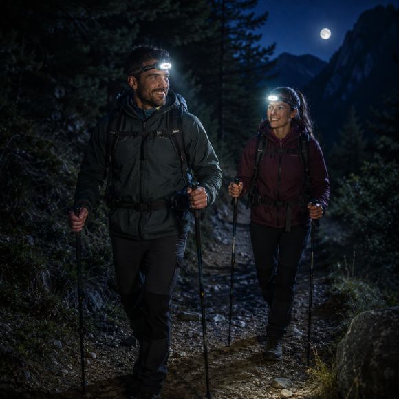 Lampe frontale rechargeable couple randonnée nocturne avec sacs