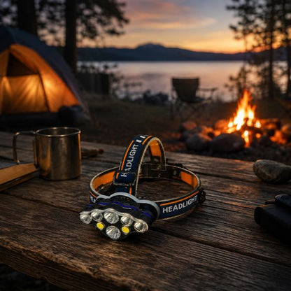Lampe frontale rechargeable sur table de pique-nique camping