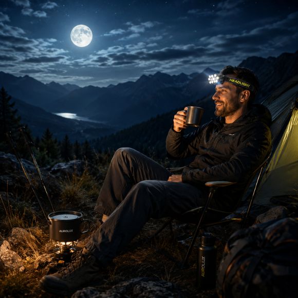 Lampe frontale rechargeable AuroLux homme en bivouac sous pleine lune