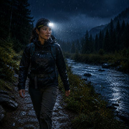 Lampe frontale rechargeable AuroLux randonnée sous légère pluie près rivière
