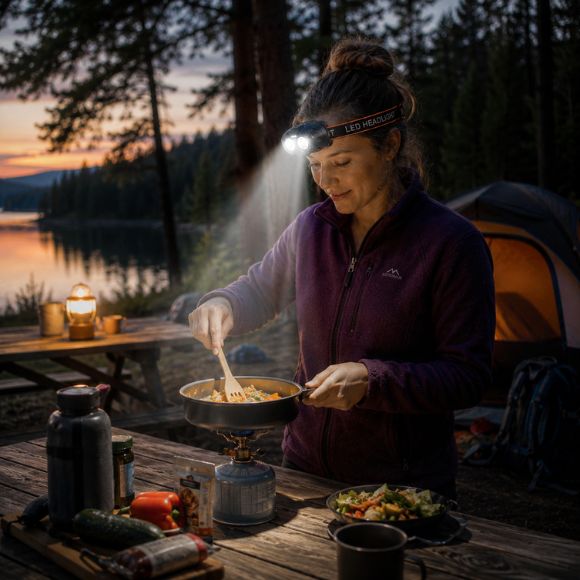 Lampe frontale rechargeable femme cuisinant au camping près d'un lac