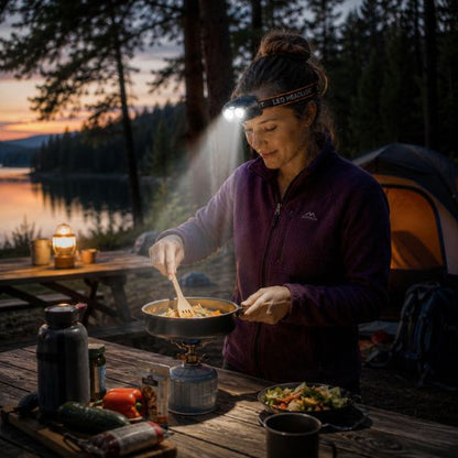 Lampe frontale rechargeable femme cuisinant au camping près d'un lac