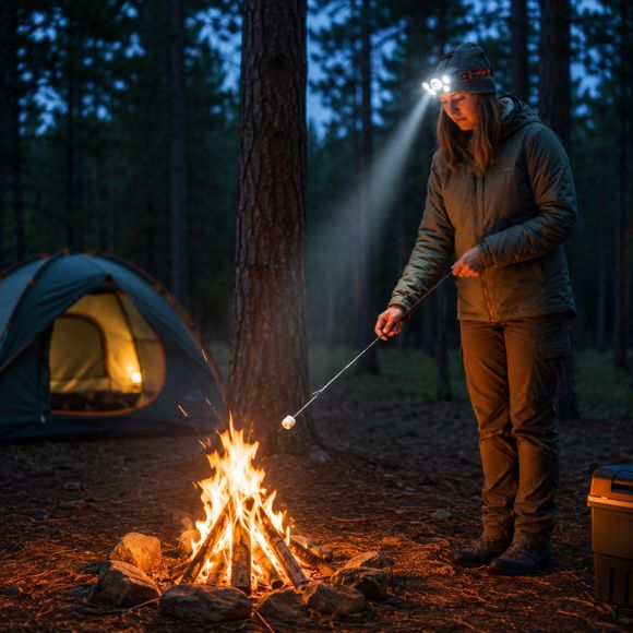 Lampe frontale rechargeable au feu de camp