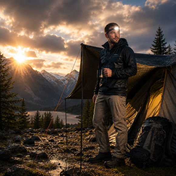 Lampe frontale rechargeable après la pluie en montagne