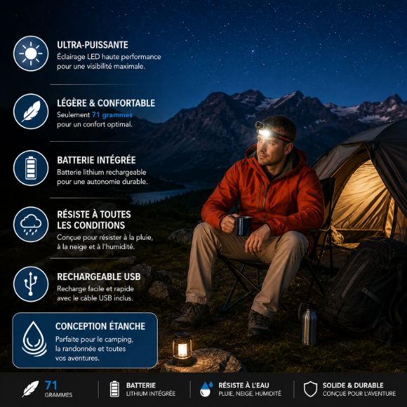 Lampe frontale rechargeable détente près de la tente