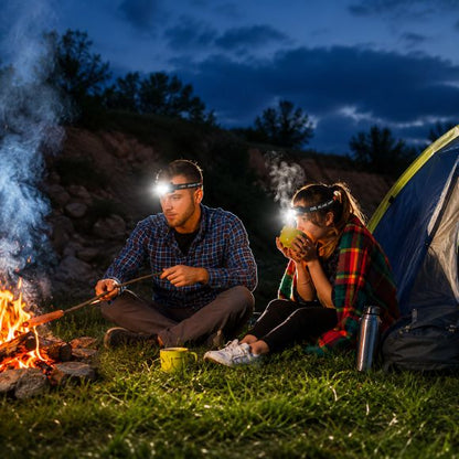 Lampe frontale rechargeable autour du feu de camp
