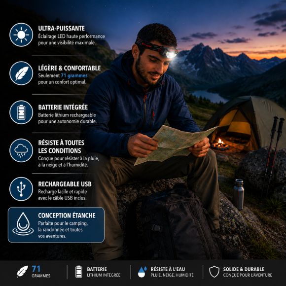 Lampe frontale rechargeable lit une carte en montagne