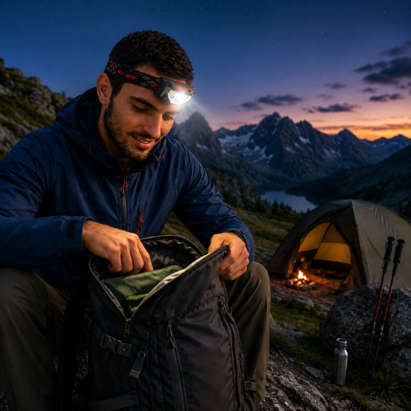 Lampe frontale rechargeable cherche dans son sac
