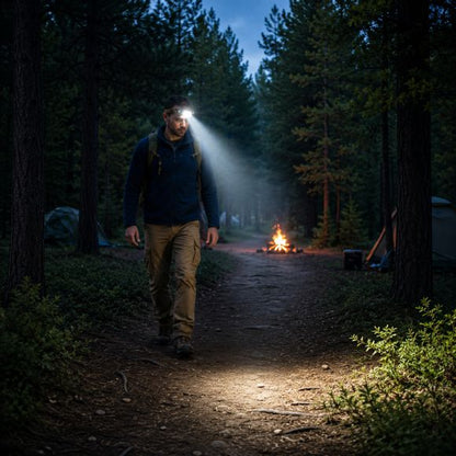 Lampe frontale rechargeable marche en forêt nocturne