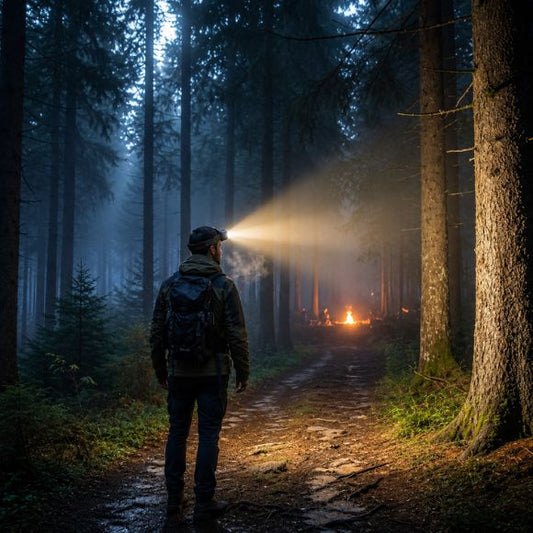 Lampe frontale rechargeable éclairant un sentier forestier de nuit