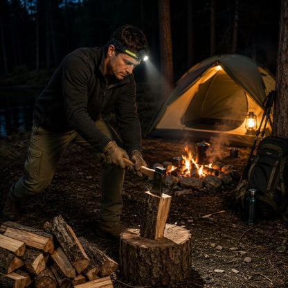 Lampe frontale rechargeable fend bois près campement forestier au crépuscule