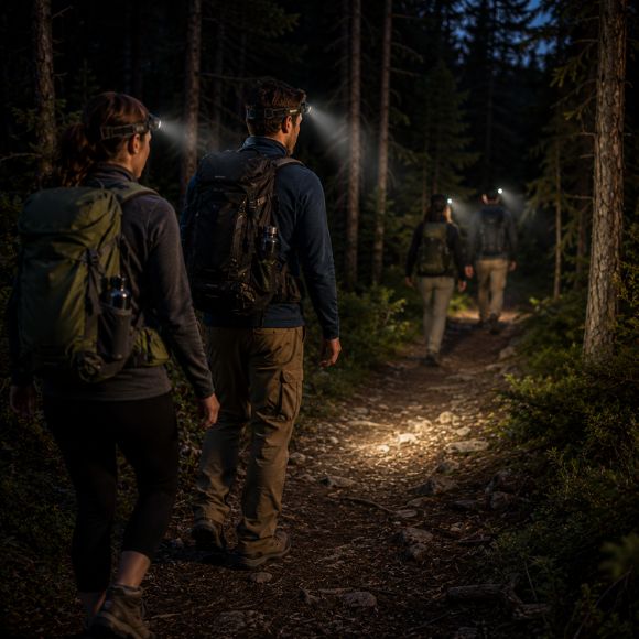 Lampe frontale rechargeable groupe amis randonnée nocturne en sentier forestier