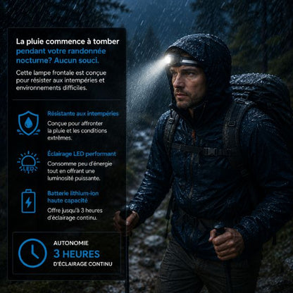 Lampe frontale rechargeable randonnée nocturne sous pluie éclairage puissant résistant