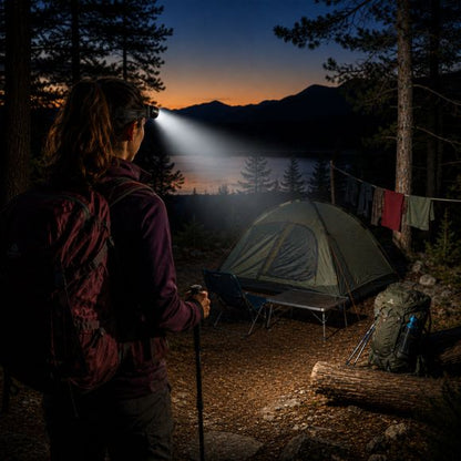 Lampe frontale rechargeable TitanBeam éclaire un campement après randonnée nocturne