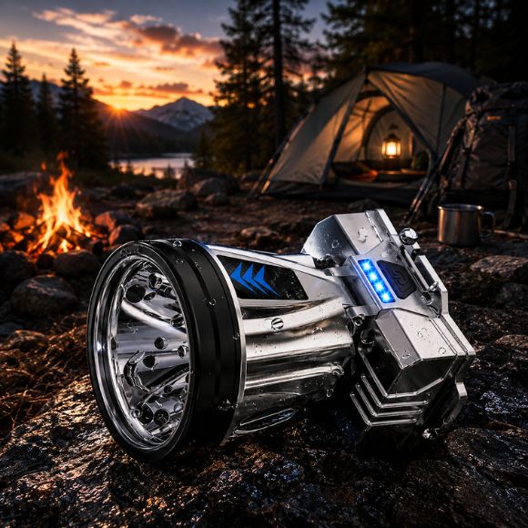 Lampe frontale rechargeable TitanBeam près d'un bivouac en montagne