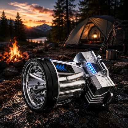 Lampe frontale rechargeable TitanBeam près d'un bivouac en montagne