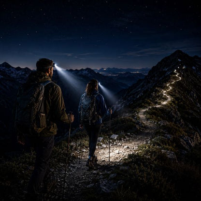 Lampe frontale rechargeable TitanBeam éclaire un couple en randonnée nocturne