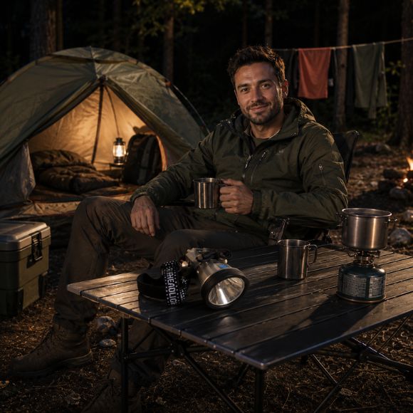 Lampe frontale rechargeable TitanBeam sur table de camping avec campeur