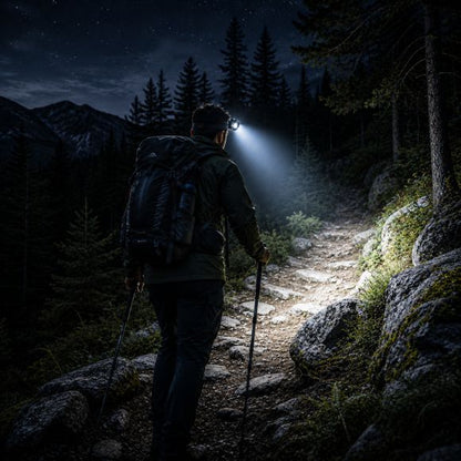 Lampe frontale rechargeable TitanBeam éclaire un sentier forestier nocturne