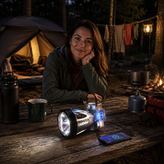 Lampe frontale rechargeable TitanBeam recharge un téléphone en camping