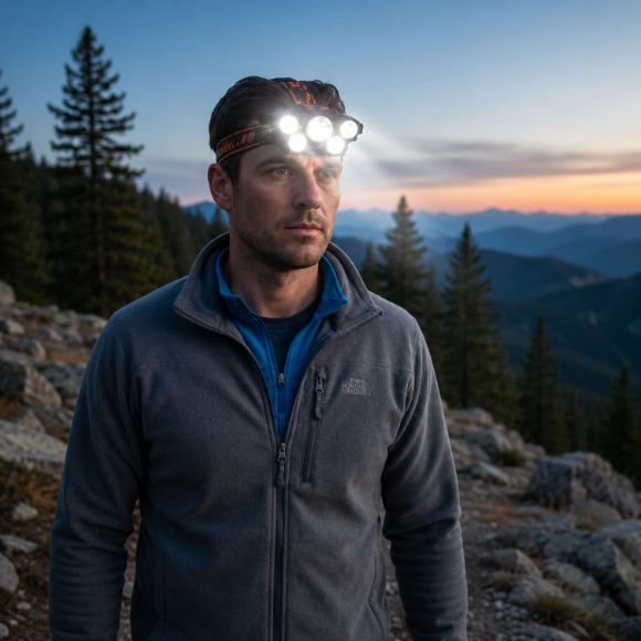 Lampe frontale rechargeable en montagne au crépuscule