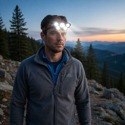 Lampe frontale rechargeable en montagne au crépuscule