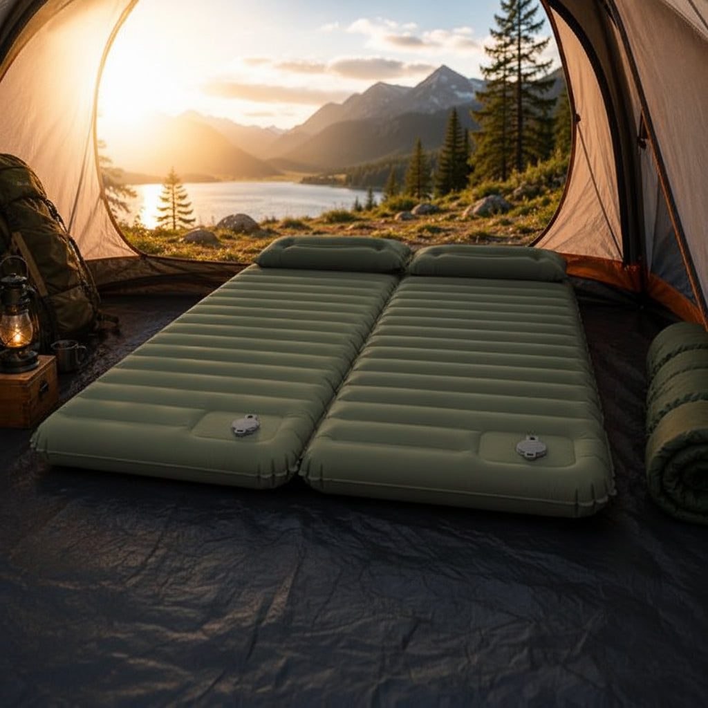 Matelas gonflable 1 personne TrailNest pompe intégrée installé dans campement