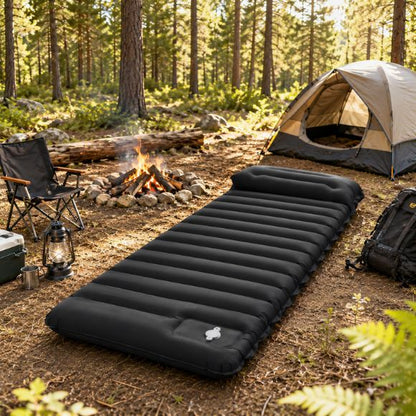 Matelas gonflable 1 personne TrailNest pompe intégrée installé dans un campement.
