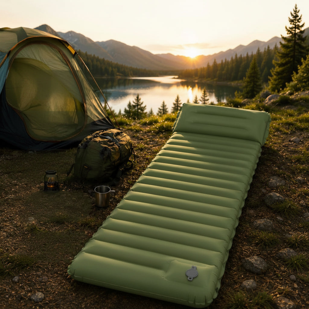 Matelas gonflable 1 personne TrailNest pompe intégrée installé dans campement