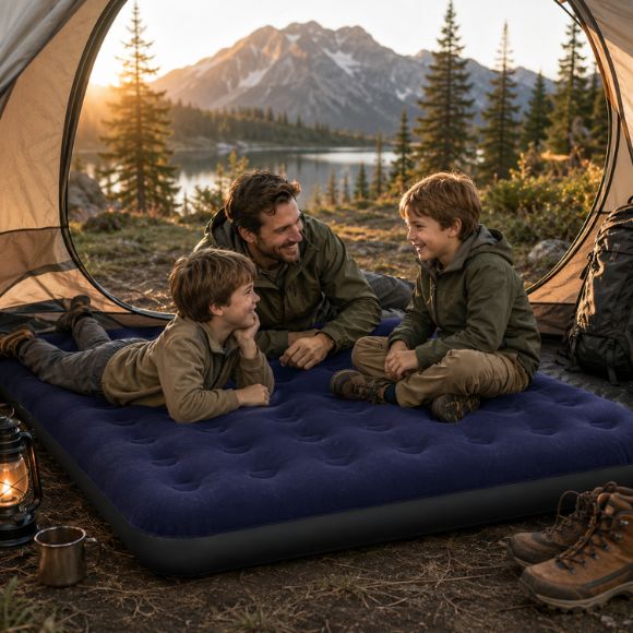 Matelas Gonflable 1 Personne utilisé en camping familial sous une tente, avec un père et ses deux garçons habillés en tenue de randonnée, dans un cadre naturel au bord d’un lac en montagne.