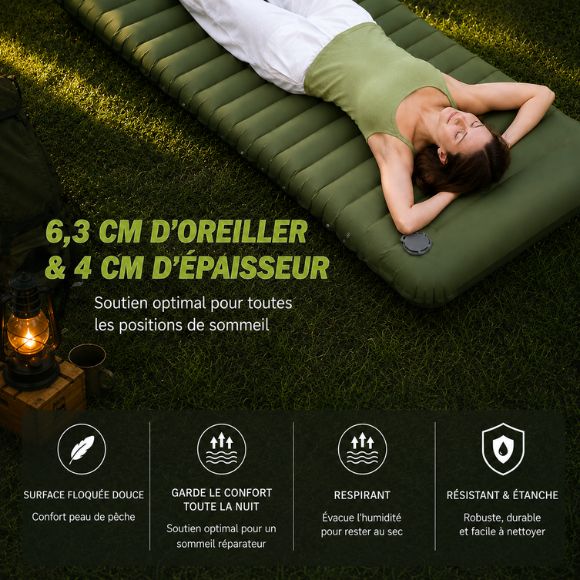Matelas gonflable 1 personne pompe intégrée avec oreiller intégré de 6,3 cm, surface floquée douce, respirant, résistant à l’eau et confortable pour le camping.