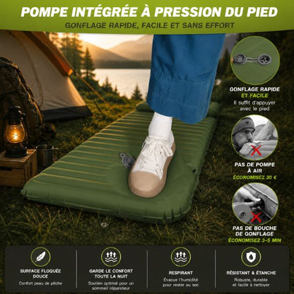 Matelas gonflable 1 personne pompe intégrée avec système de gonflage au pied, utilisé en camping près d'une tente et d'un lac, confortable, respirant, résistant à l'eau et facile à gonfler sans pompe externe.