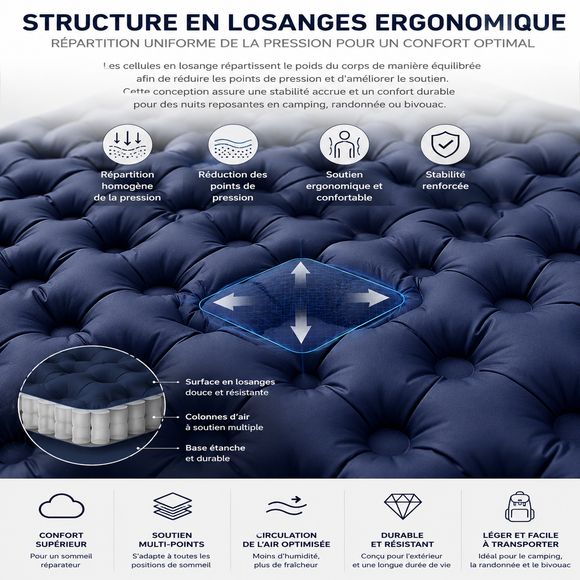 Matelas Gonflable 2 Personnes doté d’une valve 2-en-1 pour un gonflage et un dégonflage rapides, présenté en gros plan sur un matelas de camping. Le système étanche et durable facilite l’installation et le rangement pour la randonnée, le bivouac et les aventures en plein air.