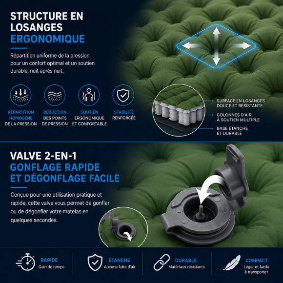 Matelas Gonflable 2 Personnes doté d’une valve 2-en-1 pour un gonflage et un dégonflage rapides, présenté en gros plan sur un matelas de camping. Le système étanche et durable facilite l’installation et le rangement pour la randonnée, le bivouac et les aventures en plein air.