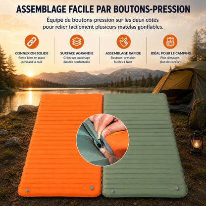 Matelas gonflable 2 personnes pompe intégrée avec système d’assemblage par boutons-pression, deux matelas reliés pour créer un couchage double confortable en camping au bord d’un lac.