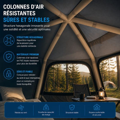 Tente gonflable avec colonnes d’air renforcées et structure hexagonale offrant une excellente stabilité, une résistance accrue au vent et un espace intérieur confortable pour un camping sécurisé en pleine nature.