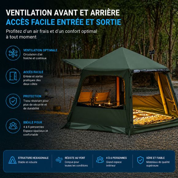 Tente gonflable avec ventilation avant et arrière, offrant une circulation d’air optimale et un accès facile, installée dans un cadre forestier pour un camping confortable, spacieux et agréable en pleine nature.