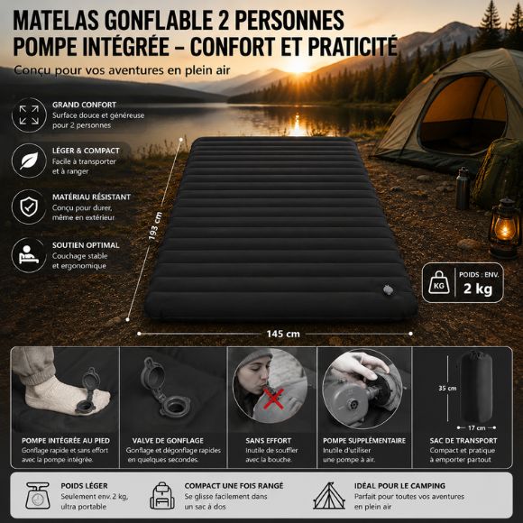 Matelas gonflable 2 personnes pompe intégrée avec valve de gonflage et dégonflage rapide, système d’assemblage par boutons-pression et pompe au pied intégrée, présenté dans un environnement de camping en plein air.