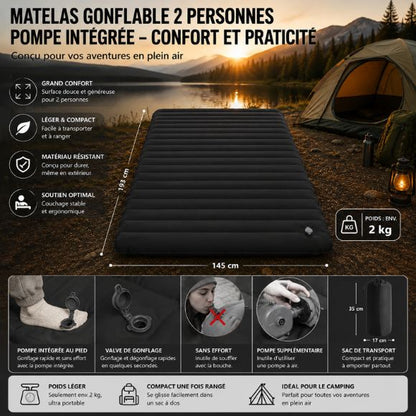 Matelas gonflable 2 personnes pompe intégrée avec valve de gonflage et dégonflage rapide, système d’assemblage par boutons-pression et pompe au pied intégrée, présenté dans un environnement de camping en plein air.