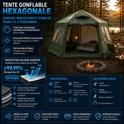 Tente gonflable hexagonale 4 à 6 personnes installée dans un environnement naturel au bord d’un lac, offrant un grand espace de vie, une excellente ventilation, une protection UV UPF50 et un confort optimal pour le camping familial en pleine nature.