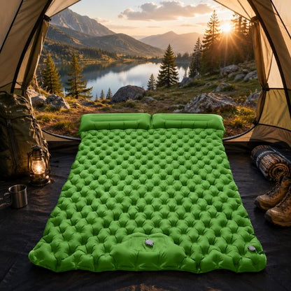 Matelas Gonflable 2 Personnes vert installé dans une tente de camping avec vue sur un lac et des montagnes au coucher du soleil, offrant un espace de couchage confortable pour les aventures en pleine nature.