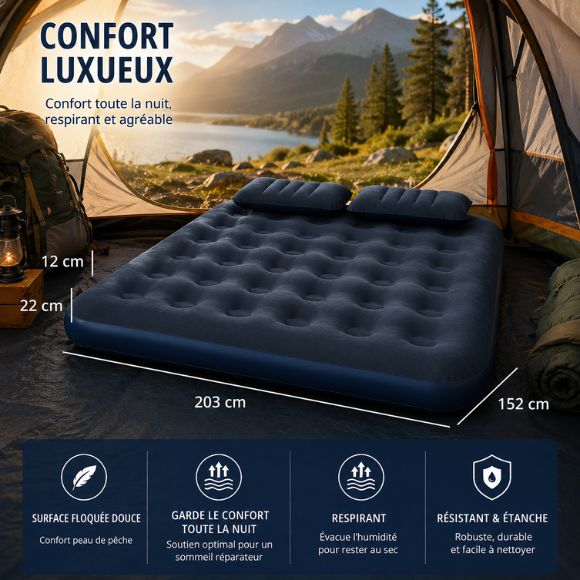 Matelas gonflable 2 places de camping avec dimensions 203 x 152 cm, installé en extérieur dans un environnement nature, confortable, résistant et adapté aux nuits sous tente.