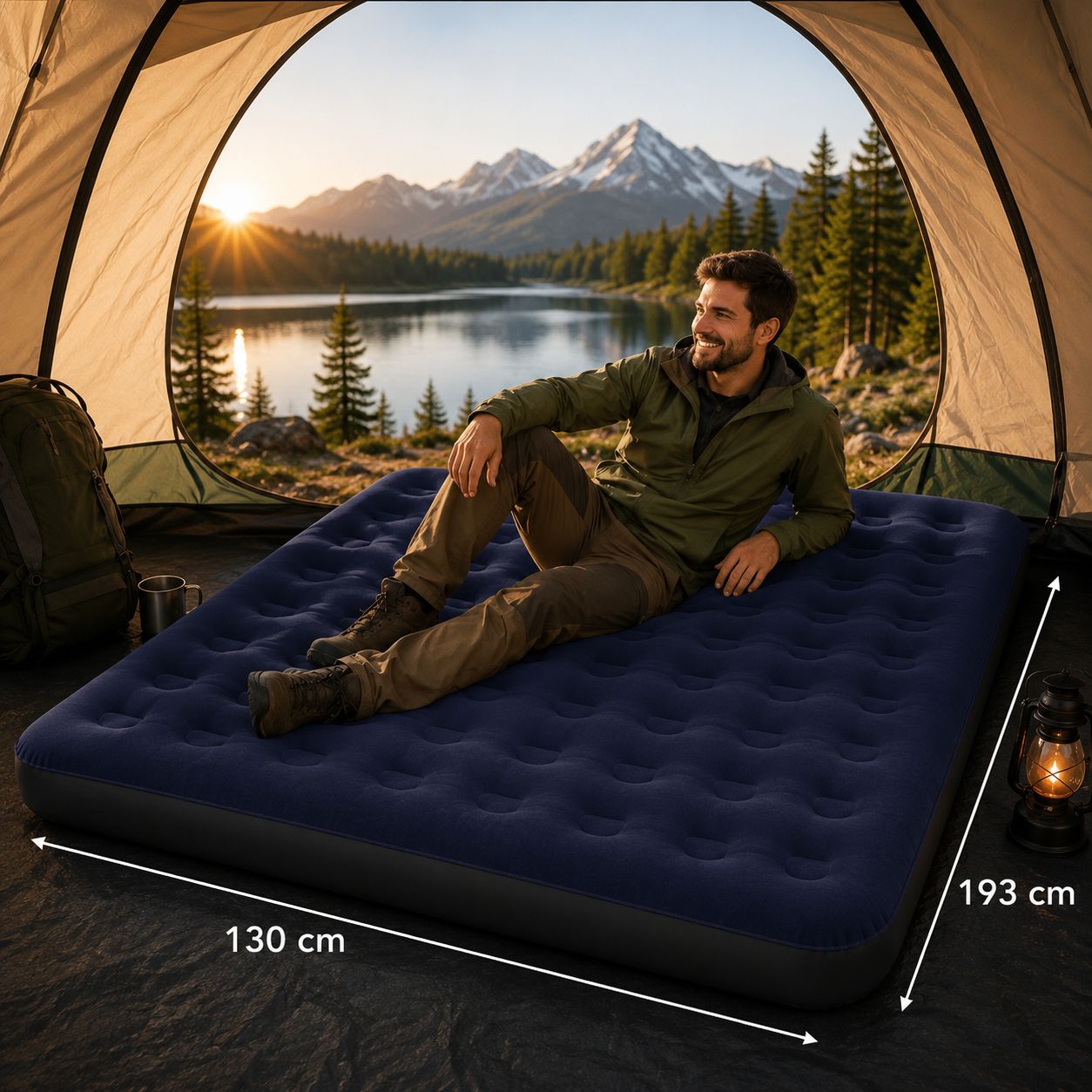 Matelas gonflable 2 places camping avec randonneur souriant dans une tente face à un lac de montagne, dimensions 192 x 130 cm, couchage confortable pour bivouac, trekking, randonnée et aventures en plein air.